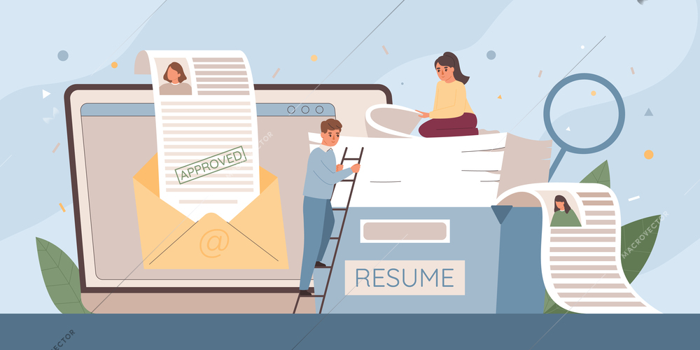 Resume cv job flat composition with doodle human characters stack of papers hand lens and laptop vector illustration