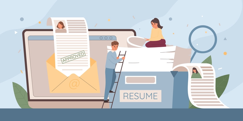 Resume cv job flat composition with doodle human characters stack of papers hand lens and laptop vector illustration