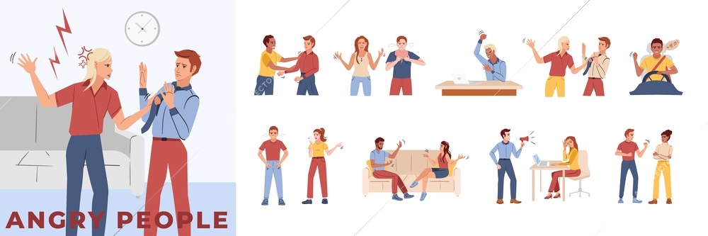 Angry people flat composition with indoor view of arguing couple and set of isolated conflict situations vector illustration