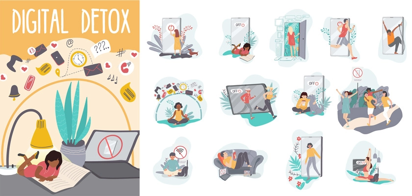 Digital detox composition set of people escaping from internet and gadget addiction relaxing and walking isolated vector illustration