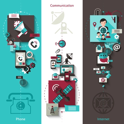 Communication vertical banner set with phone and internet elements isolated vector illustration