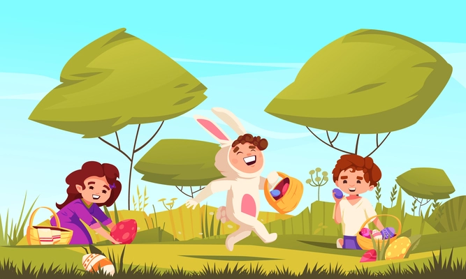 Easter cartoon composition with kids during egg hunt vector illustration