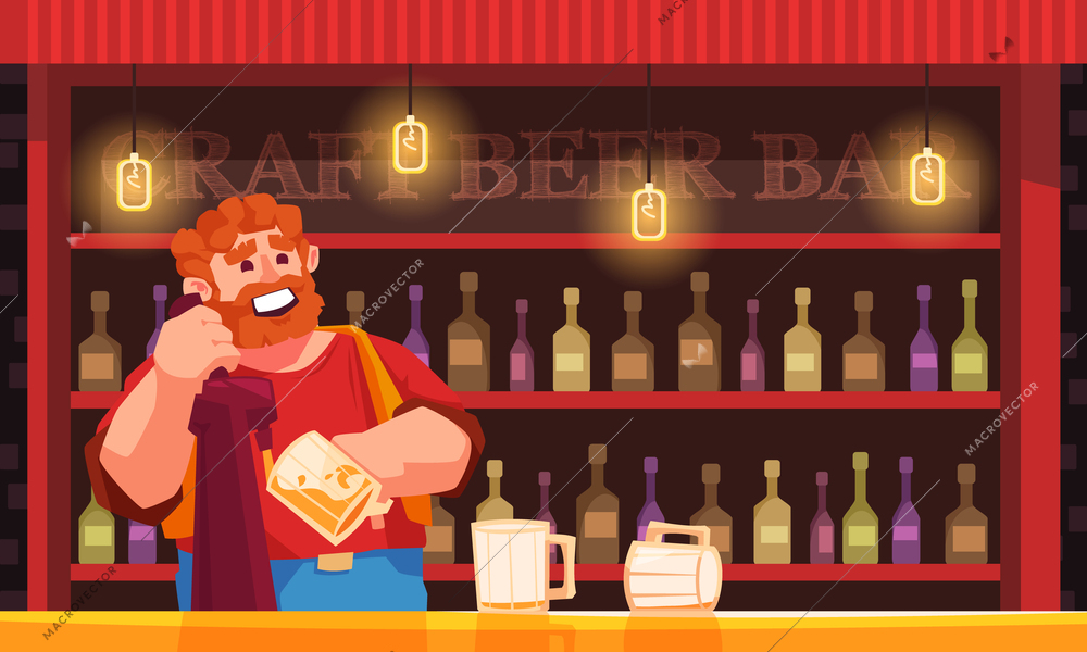 Beer cartoon poster with happy bartender behind pub counter vector illustration