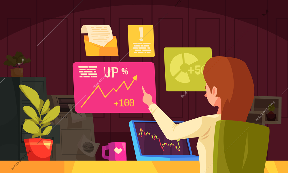 Stock market cartoon composition with female trader selling online vector illustration