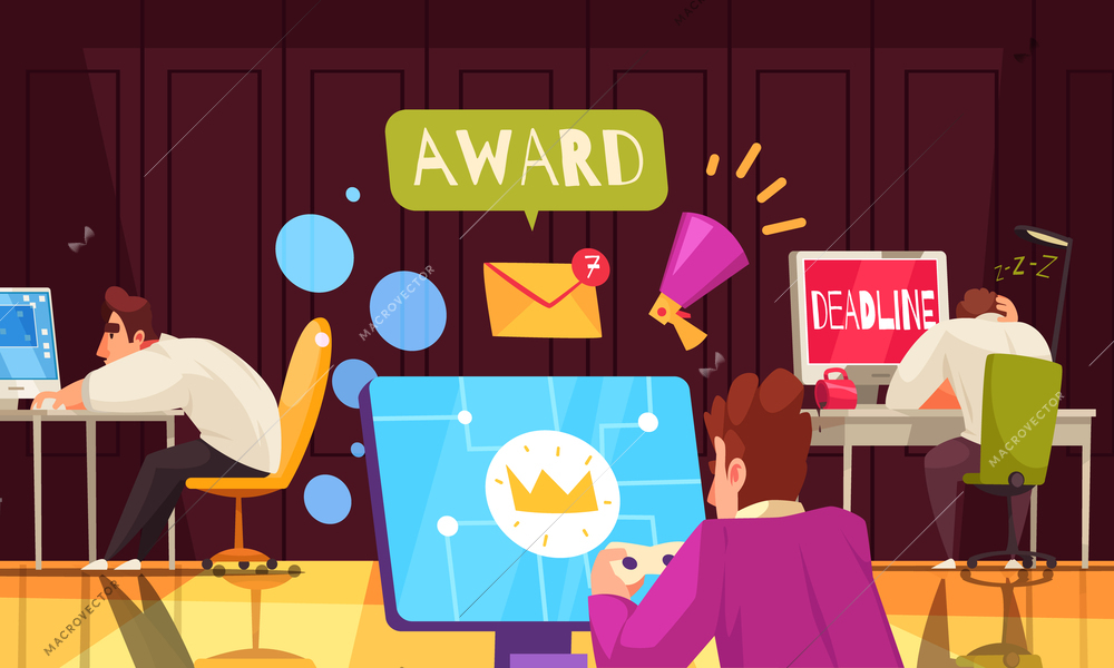 Gamification cartoon concept with people playing in company office vector illustration