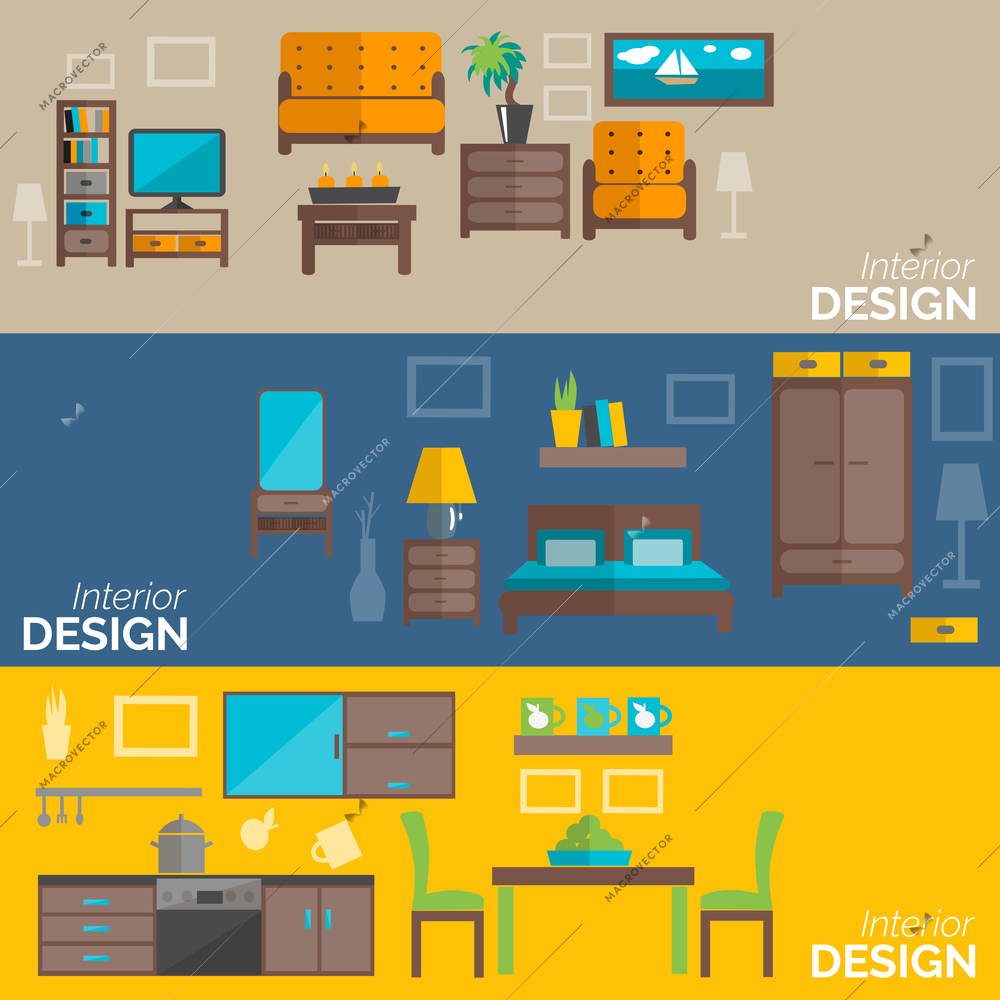 Home interior design for kitchen bed and sitting rooms furnishing flat banners set abstract isolated vector illustration