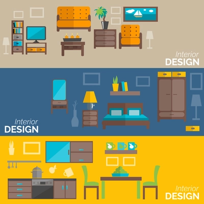 Home interior design for kitchen bed and sitting rooms furnishing flat banners set abstract isolated vector illustration