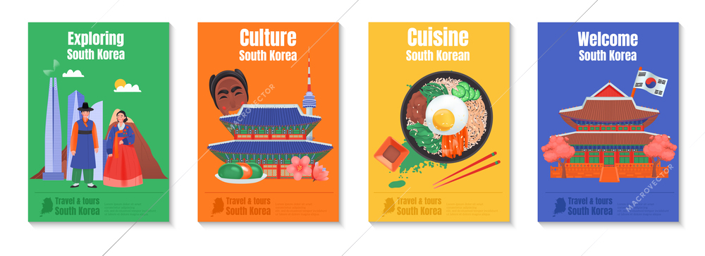 South korea poster set with exploring culture cuisine and welcome to south korea headlines vector illustration