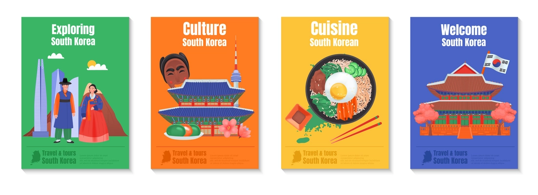 South korea poster set with exploring culture cuisine and welcome to south korea headlines vector illustration