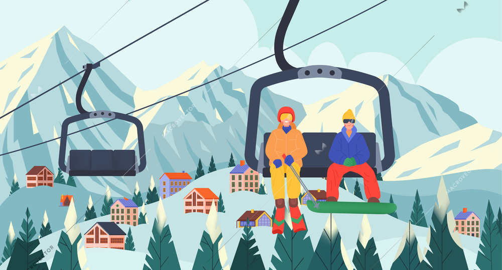 Flat landscape cableway composition two athletes in equipment and on skis ascend the mountain for the descent vector illustration