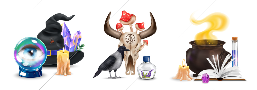 Magic objects realistic compositions set with crystal ball raven cow skull cauldron with potion isolated vector illustration