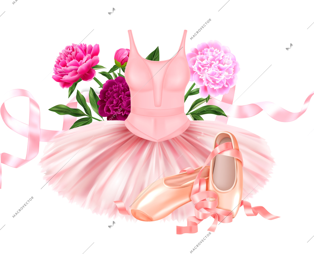 Realistic ballet composition with beautiful pink ballerina dress shoes with satin ribbons and peonies vector illustration