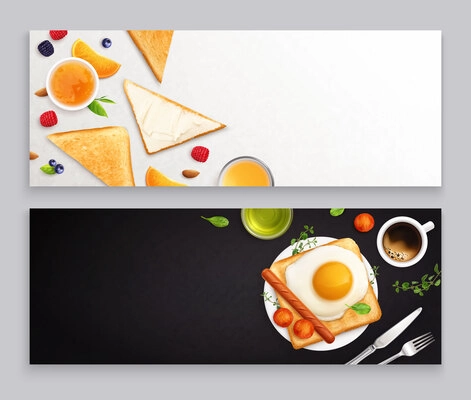 Realistic horizontal banners set with delicious breakfast ideas on white and black backgrounds isolated vector illustration