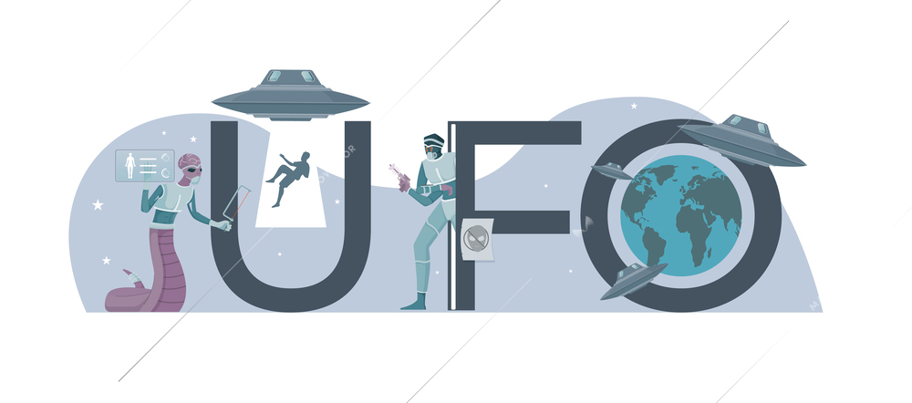 Ufo people flat composition with text and icons of kidnapping people aliens earth and flying saucers vector illustration