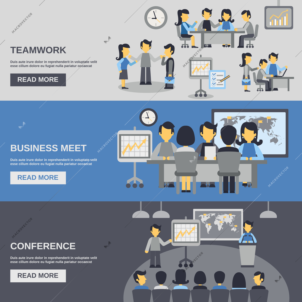 Meeting horizontal banner set with teamwork and business conference elements isolated vector illustration