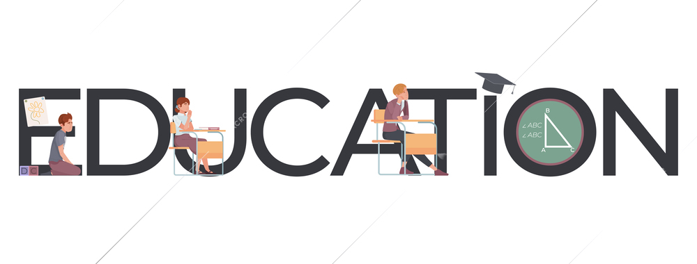 Education department composition with flat text and doodle style human characters of pupils of different age vector illustration