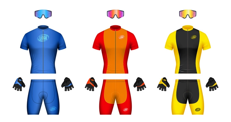 Realistic set of colorful bicycle clothing with jersey cycling shorts gloves and goggles isolated vector illustration