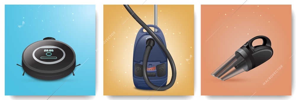 Vacuum cleaner realistic square illustrations with various kinds of domestic housecleaning technique isolated vector illustration