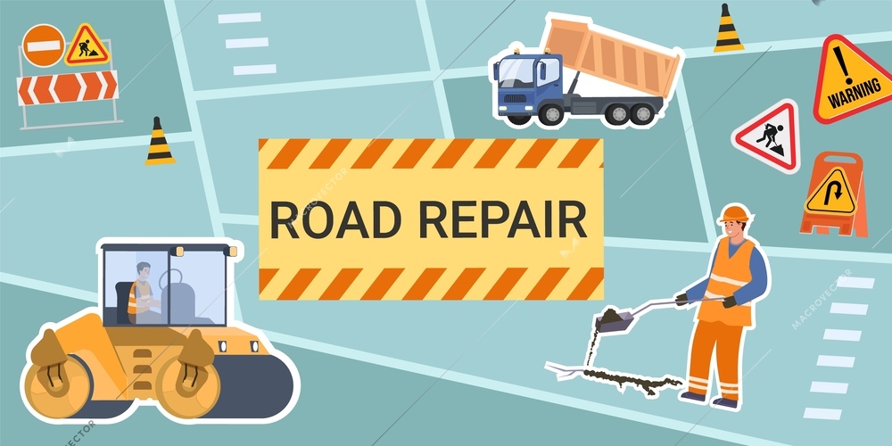 Road repair flat collage with traffic signs and modern special machinery on blocked roadway vector illustration