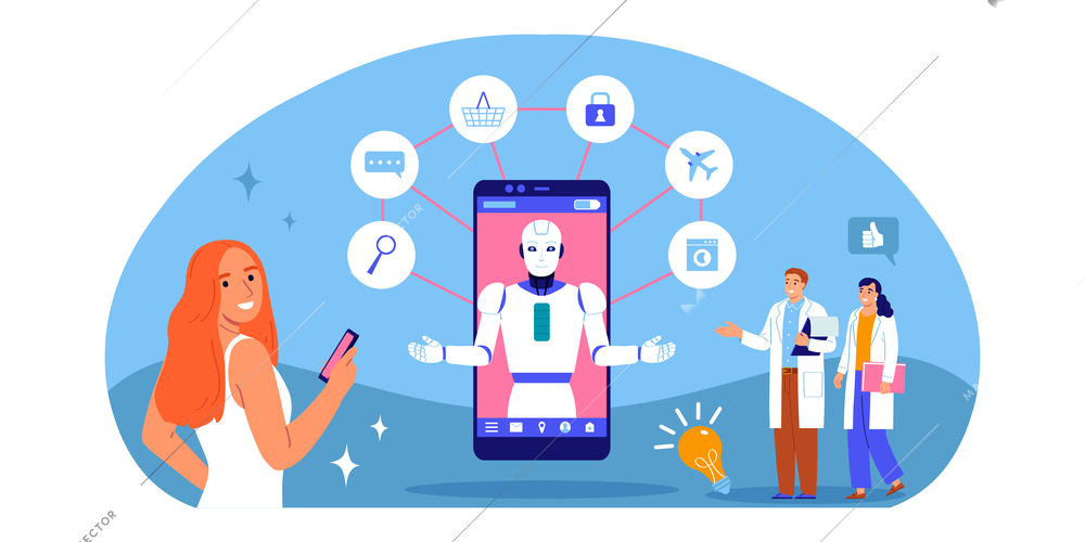 Artificial intelligence flat concept with robotic helper on smartphone and happy characters of scientists and user vector illustration