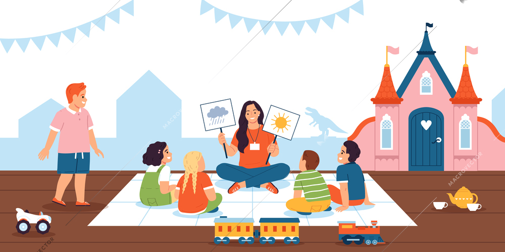 Fun lesson in kindergarten with friendly teacher showing cards and children answering questions flat vector illustration