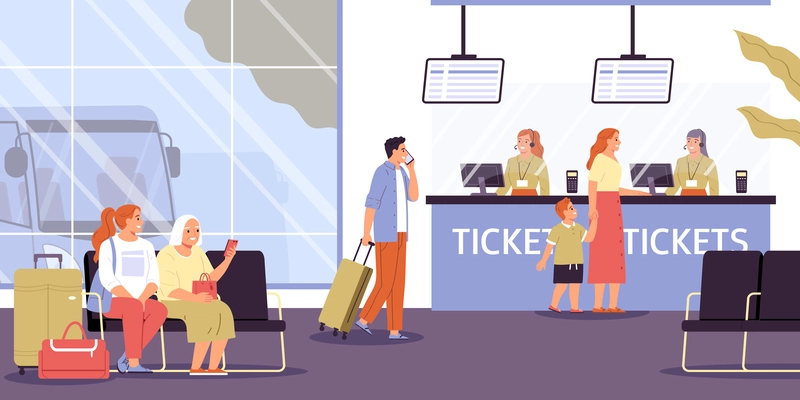 People buying tickets and waiting for bus at station flat vector illustration