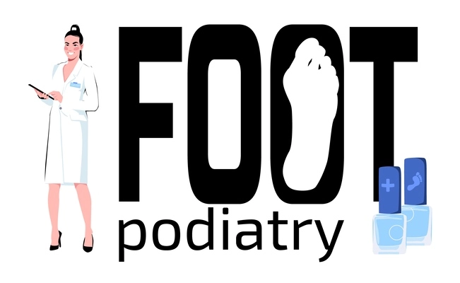 Podiatry foot disease composition with text and flat icons of medical products and character of doctor vector illustration