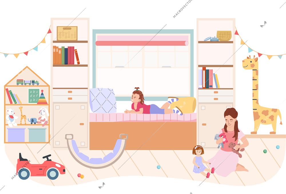 Baby room interior composition with toys and doll flat  vector illustration