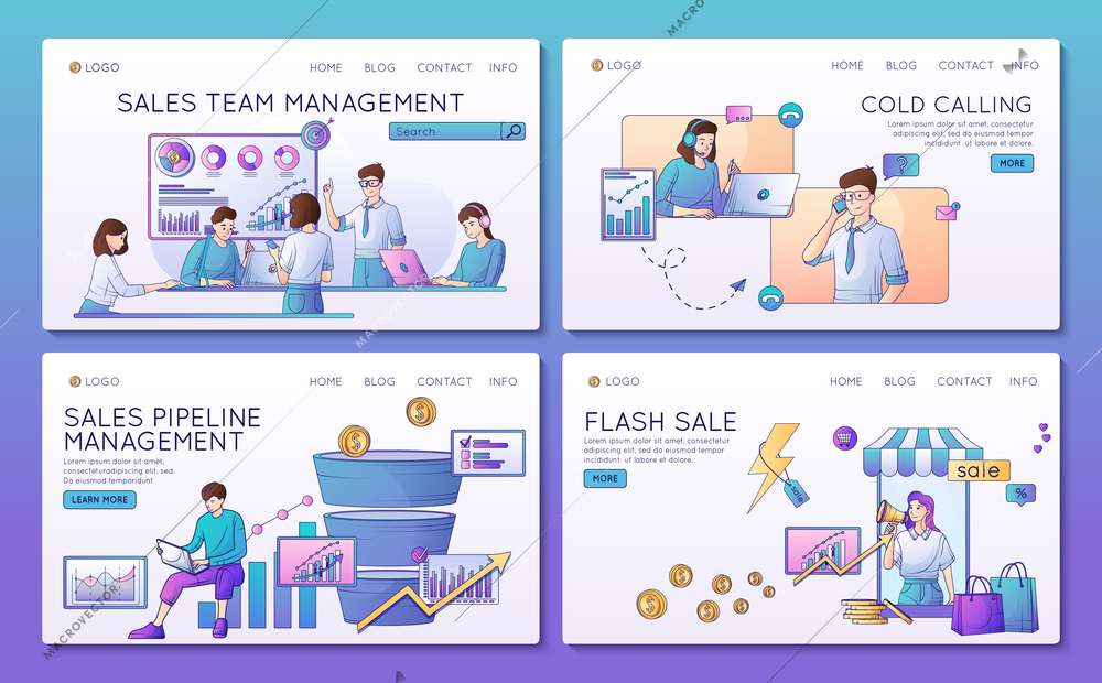 Sales team management landing pages with info about cold calling and flash sale isolated vector illustration