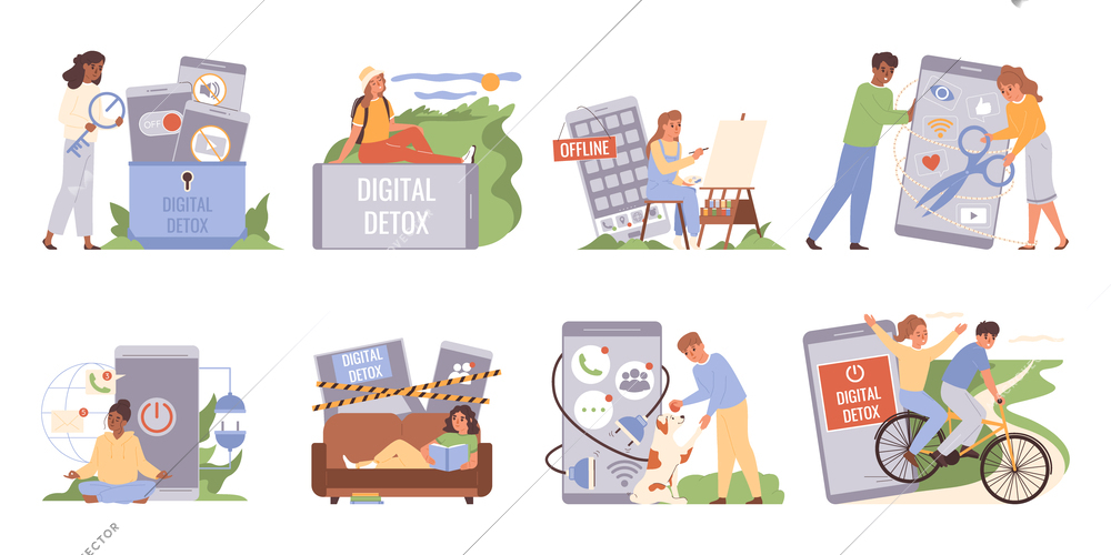 Digital detox flat set of people breaking smartphone and internet addiction isolated vector illustration