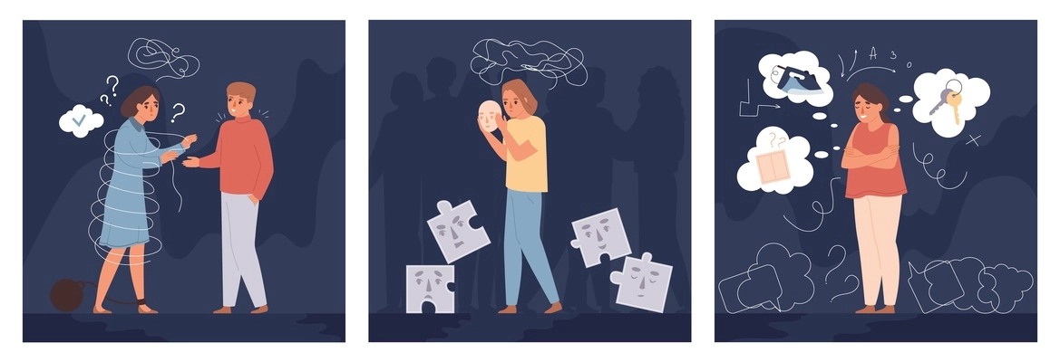 Personality disorders flat square illustrations with people  suffering from phobias and mental disorder isolated vector illustration