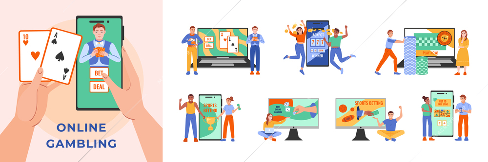 Gambling online flat composition with editable text and set of icons with smartphones computers and people vector illustration
