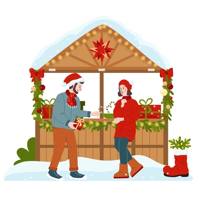 Christmas fair flat composition with view of man and woman with gift boxes in market stall vector illustration