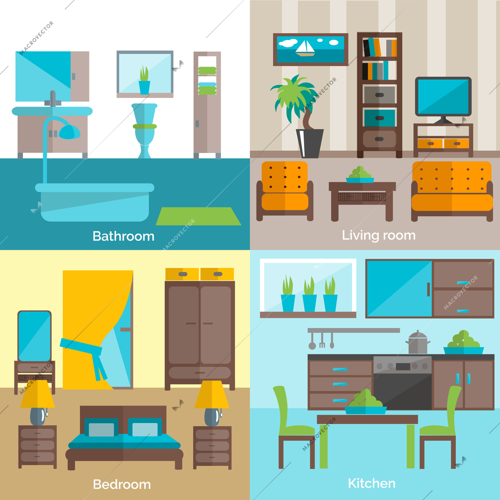 Interior design for bathroom living room and kitchen furniture 4 flat icons composition  abstract isolated vector illustration