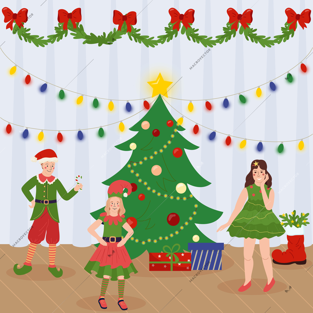 Happy kids wearing costumes of fairytale characters at christmas party flat vector illustration