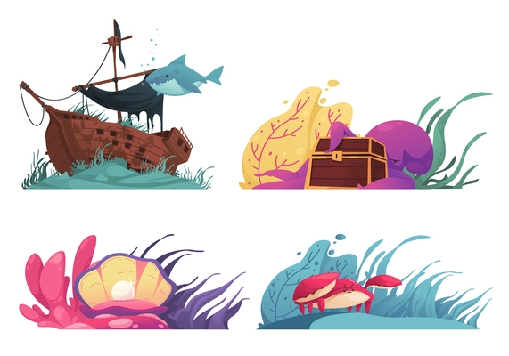 Underwater world cartoon icons set with sea creatures and sunken ship isolated vector illustration