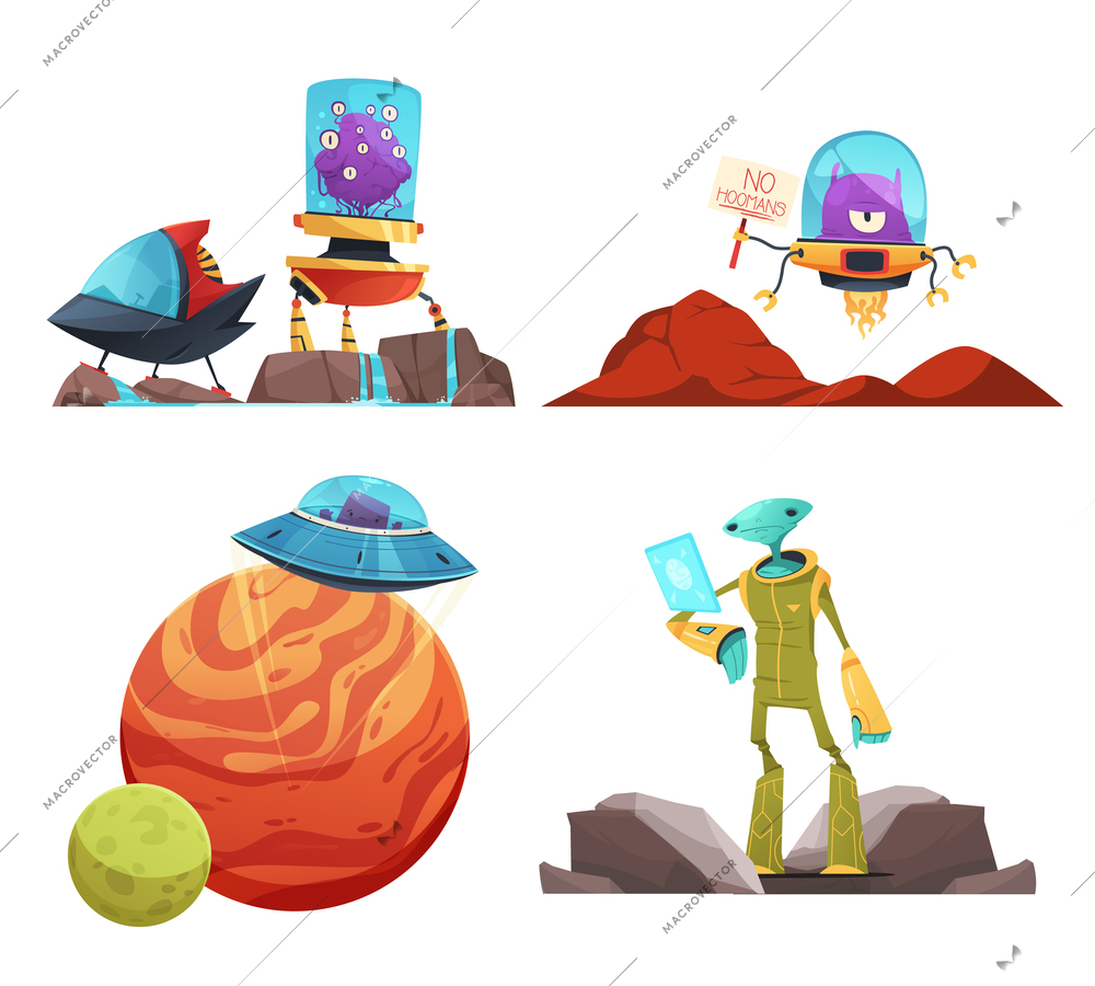 Alien creatures cartoon composition set with ufo spaceships isolated vector illustration