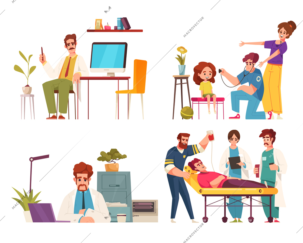 Doctor cartoon composition set with male and female healthcare professionals isolated vector illustration