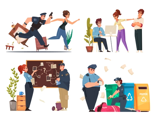 Police cartoon set with law enforcement and criminal investigation scenes isolated vector illustration
