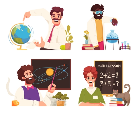 School teacher cartoon compositions set with males and females teaching different subjects isolated vector illustration