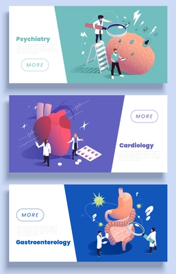 Three vertical colored sections of medicine isometric banner set psychology cardiology and gastroenterology headlines and more button vector illustration