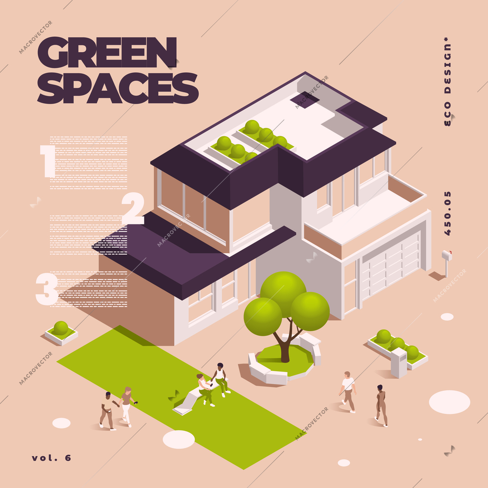 Urban city green spaces eco design isometric colored composition with three points big headline and urban house with greens vector illustration