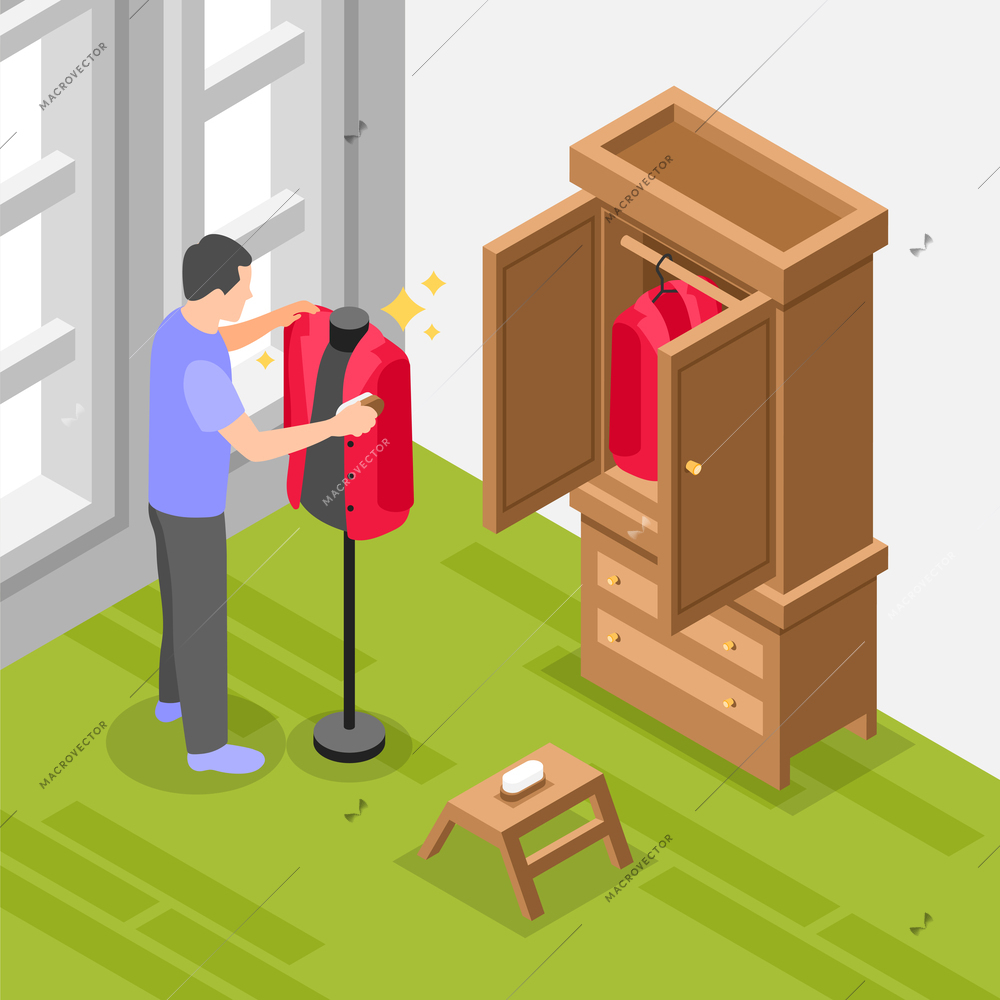 Man preparing spring wardrobe cleaning jacket with brush isometric background 3d vector illustration