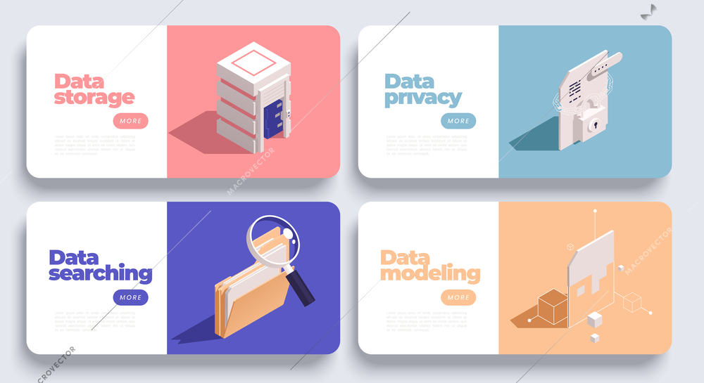 Data management concept set of horizontal banners with isometric icons editable text and clickable more buttons vector illustration