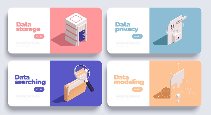 Data management concept set of horizontal banners with isometric icons editable text and clickable more buttons vector illustration