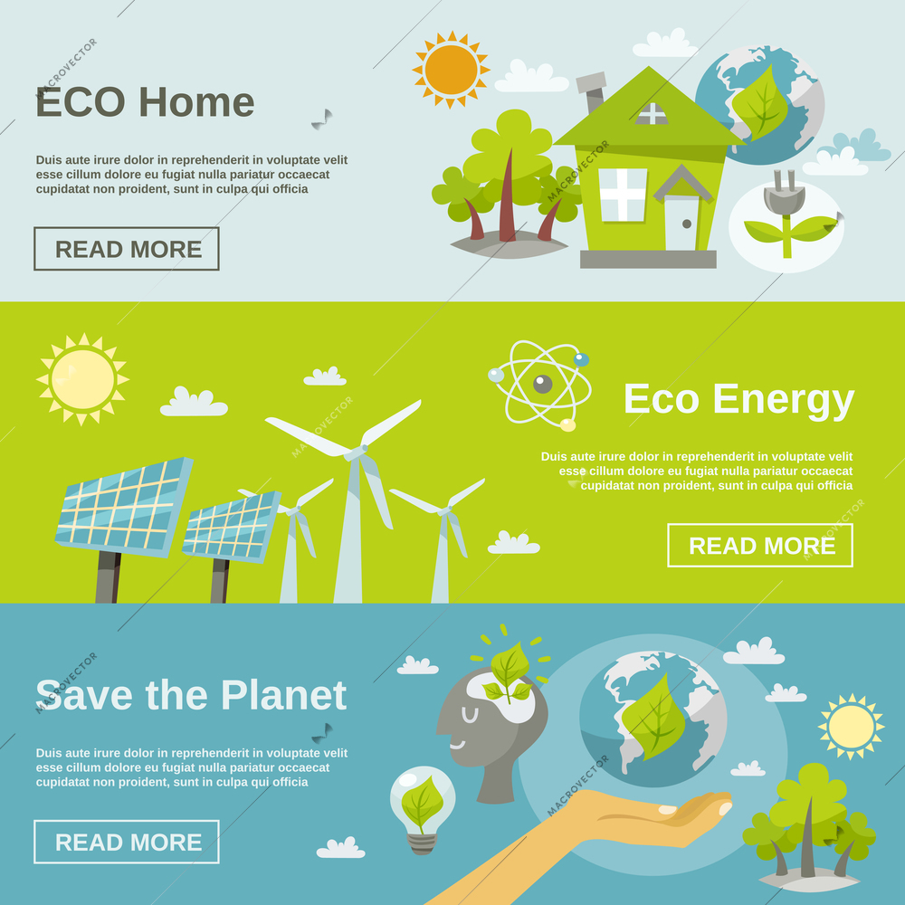 Eco energy horizontal banner set with green home planet flat elements isolated vector illustration