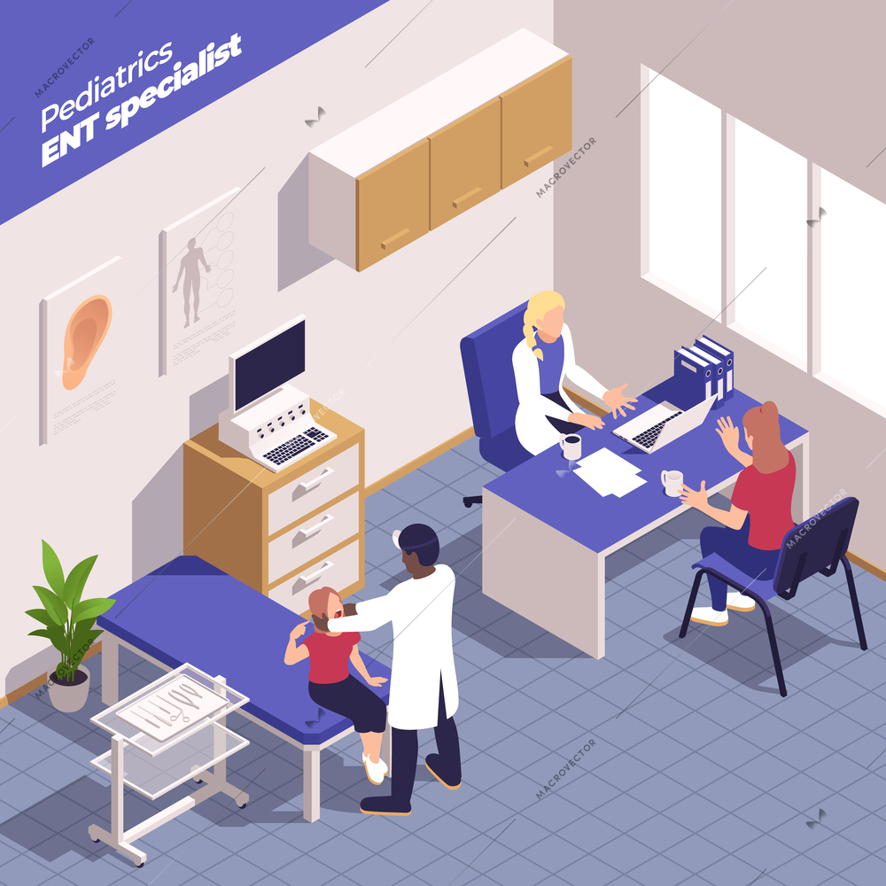 Pediatrics pediatrician isometric composition with indoor clinical scenery doctors office interior and medical specialists examining child vector illustration