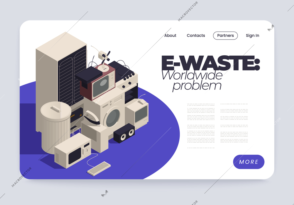 E-waste management isometric web site landing page with clickable button links and broken household appliances vector illustration