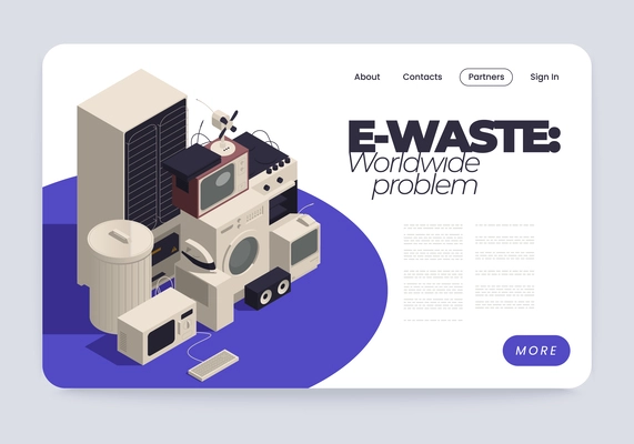 E-waste management isometric web site landing page with clickable button links and broken household appliances vector illustration