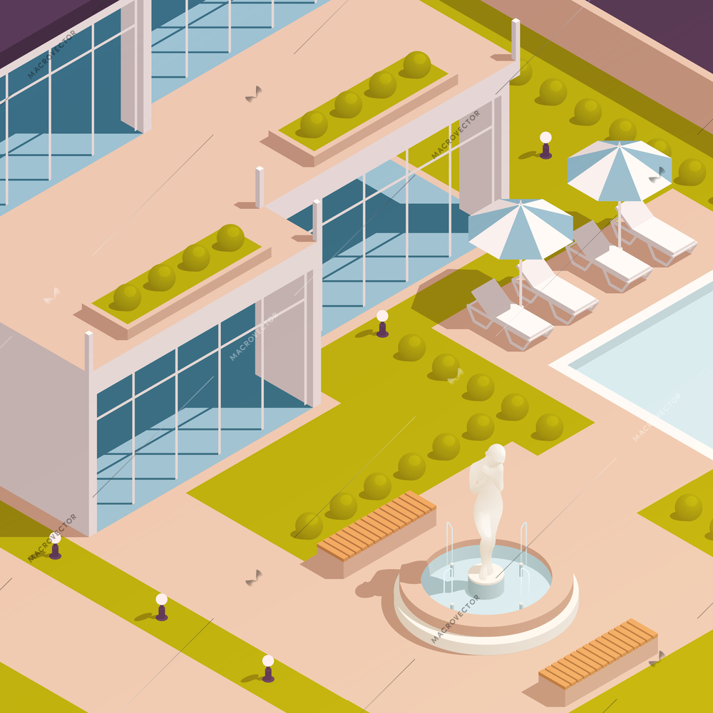 Park fountains ponds gazebo isometric composition with outdoor view of modern recreation area with lounges benches vector illustration